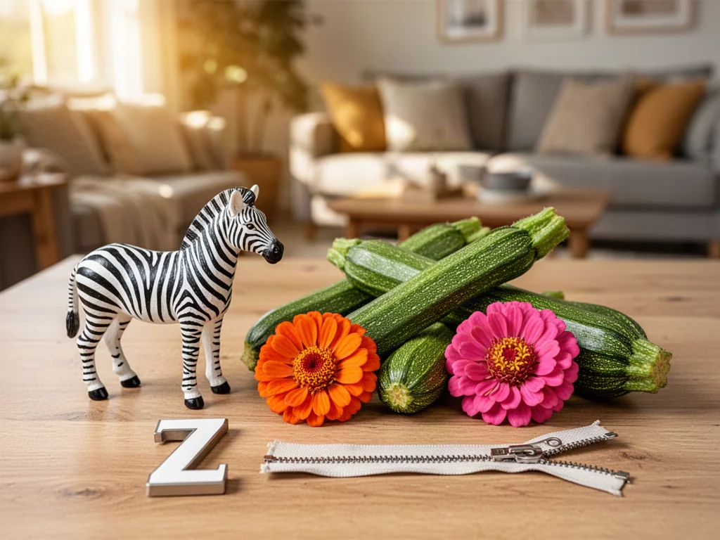 Przedmioty na literę „z”, takie jak zebra, cukinia, cynia i zamek błyskawiczny, ułożone na drewnianym stole.