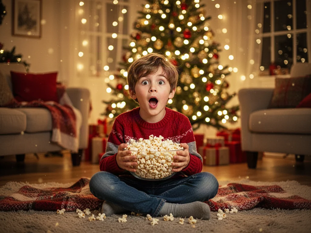Chłopiec siedzący na dywanie z miską popcornu w przytulnym salonie, zachwycony oglądaniem filmu przy choince.