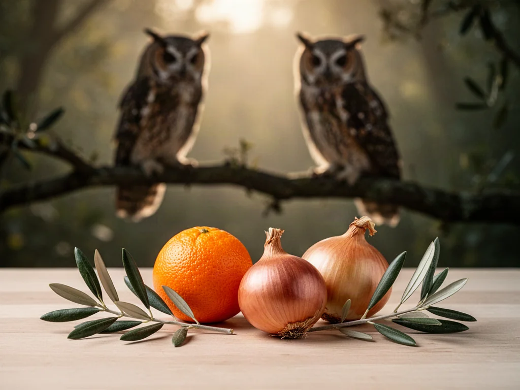 Pomarańcza, cebula, gałązka oliwna i sylwetka sowy na drewnianym tle, ilustrujące przedmioty i rośliny na literę „o”.