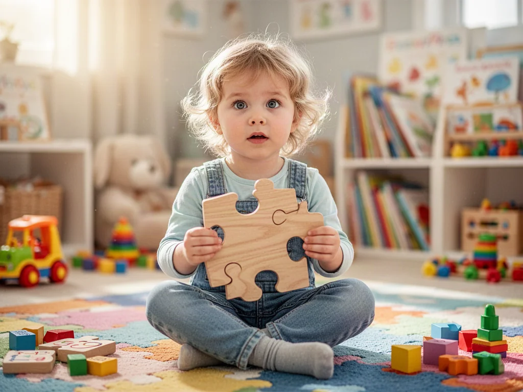 Pięciolatek siedzący na kolorowym dywanie i układający puzzle w przytulnym pokoju pełnym zabawek edukacyjnych.